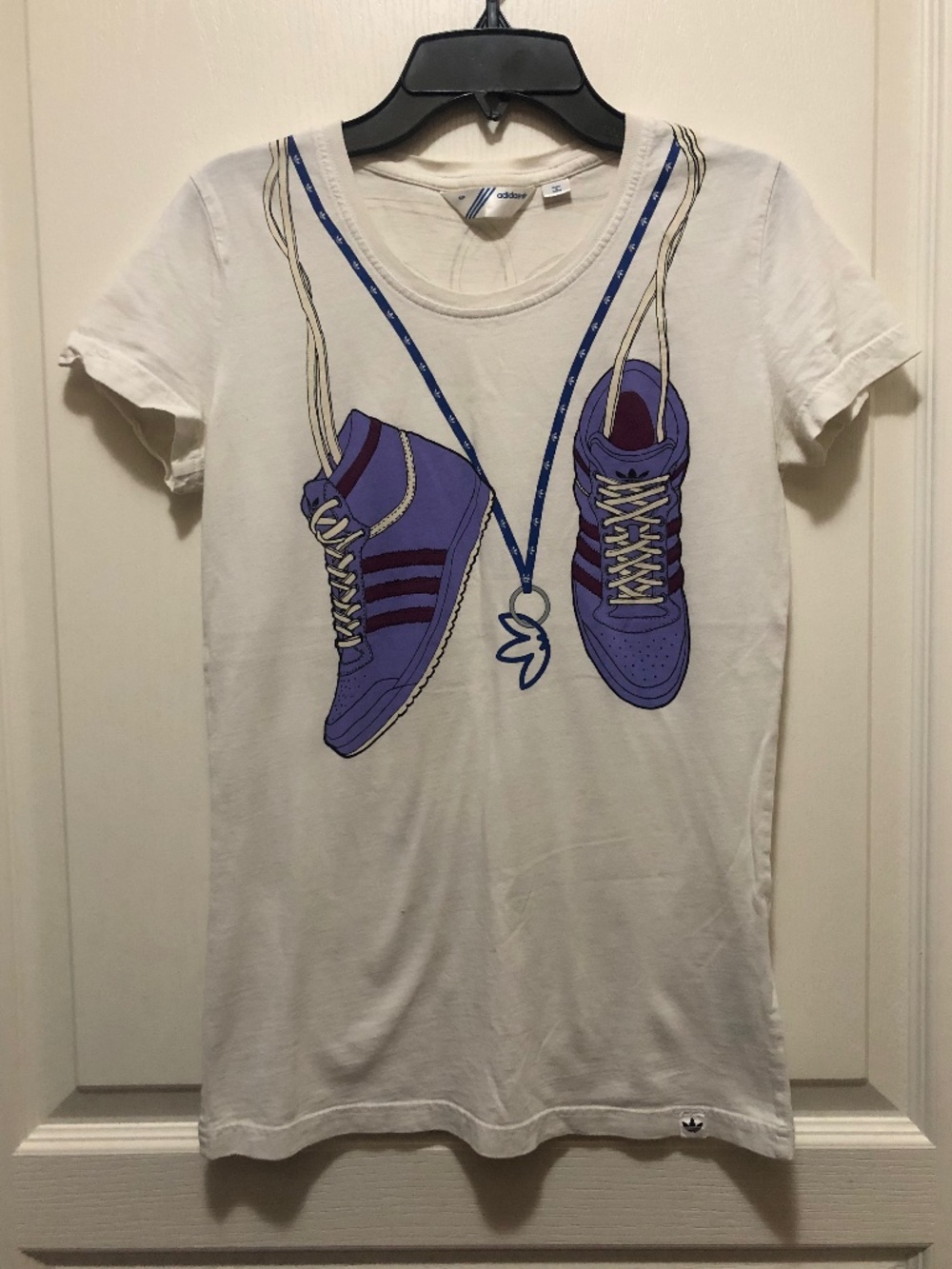 Adidas Small tee white with purple sneakers and laces crew neck